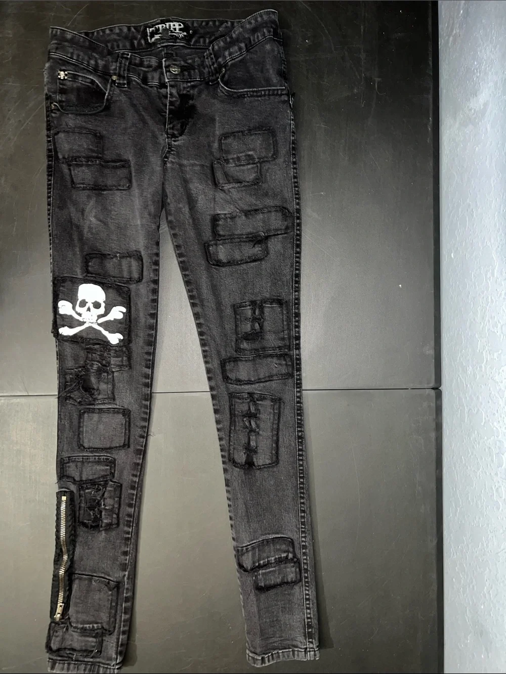 Tripp NYC Black Skinny Jeans with White Skull Patch